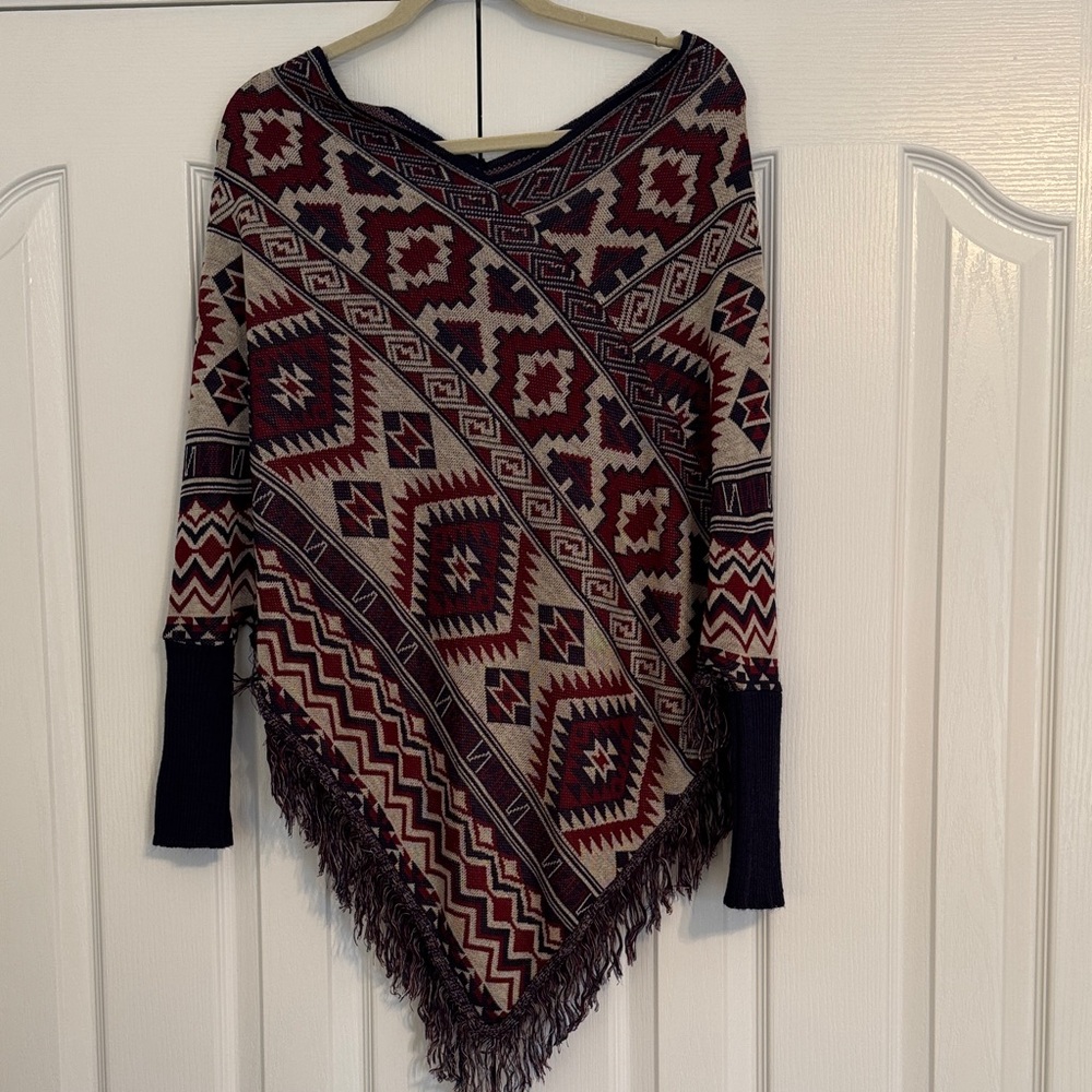 Fun Geometric Patterned Poncho Sweater